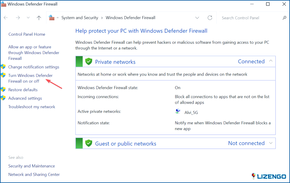 Gire el firewall de defensor de Windows