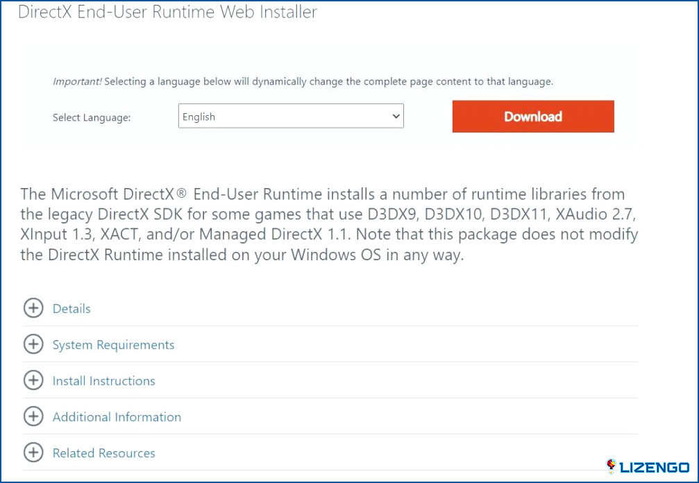 Sitio web del instalador web de Microsoft DirectX User Runtime de ejecución web